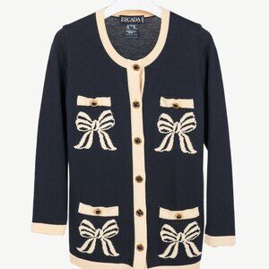 Escada by Margaretha Ley Navy Wool-Knit Bow Button Cardigan